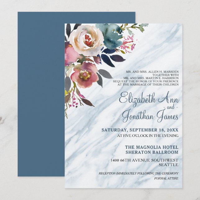 Elegant Dusty Blue Burgundy Floral Marble Wedding Invitation (Front/Back)