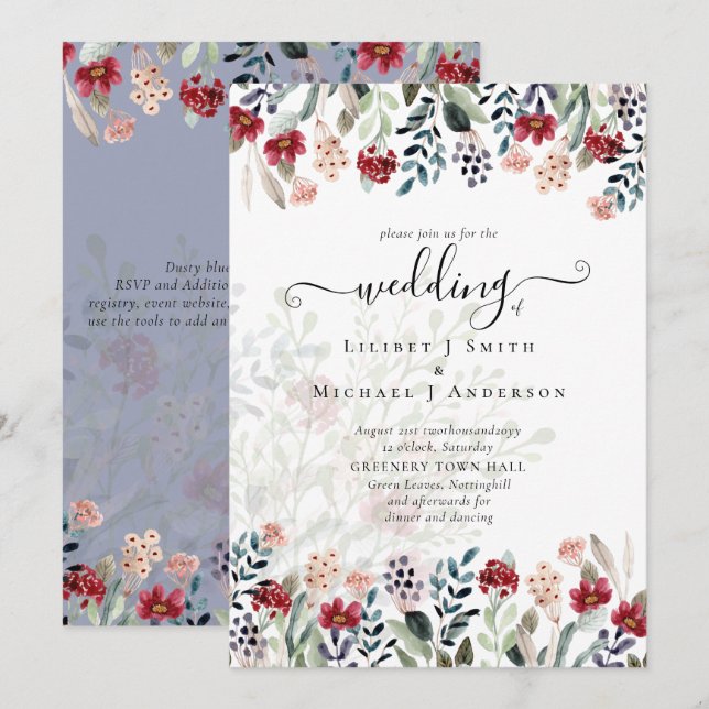 Elegant Dusty Blue Burgundy Floral Wedding Invitation (Front/Back)