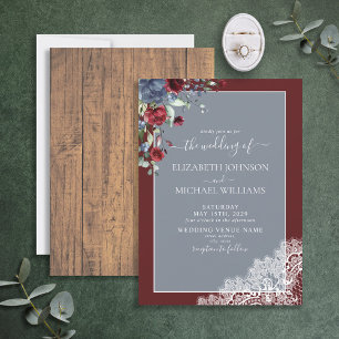 Elegant Dusty Blue Burgundy Wood Script Wedding Invitation