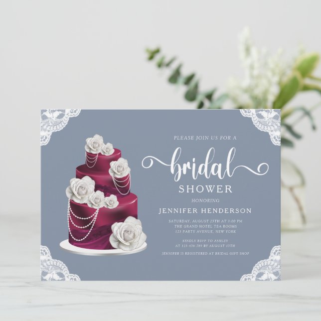 Elegant Dusty Blue Cake And Lace Bridal Shower Invitation (Standing Front)