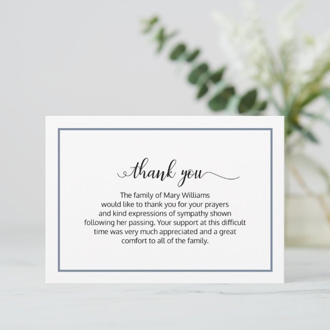 Elegant Dusty Blue Calligraphy Funeral Thank You (Standing Front)