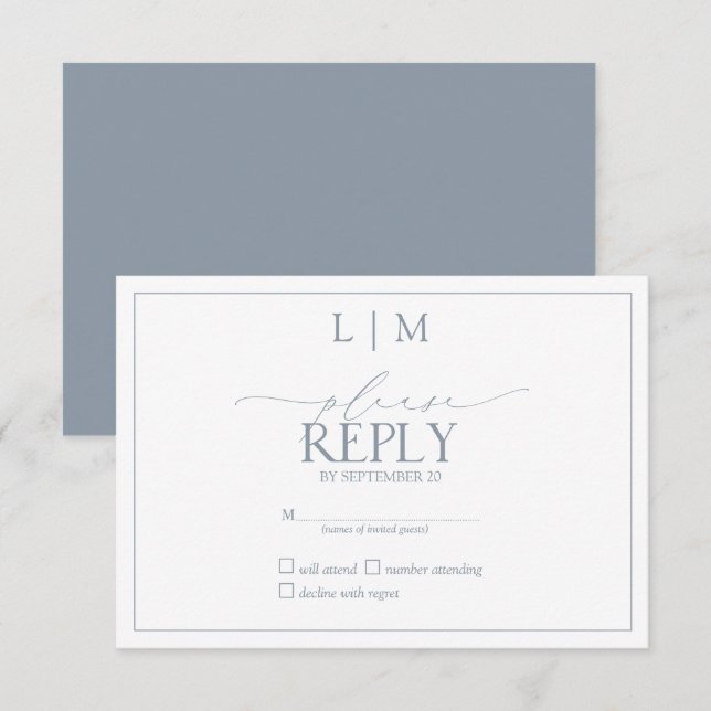 Elegant Dusty Blue Calligraphy Monogram RSVP (Front/Back)