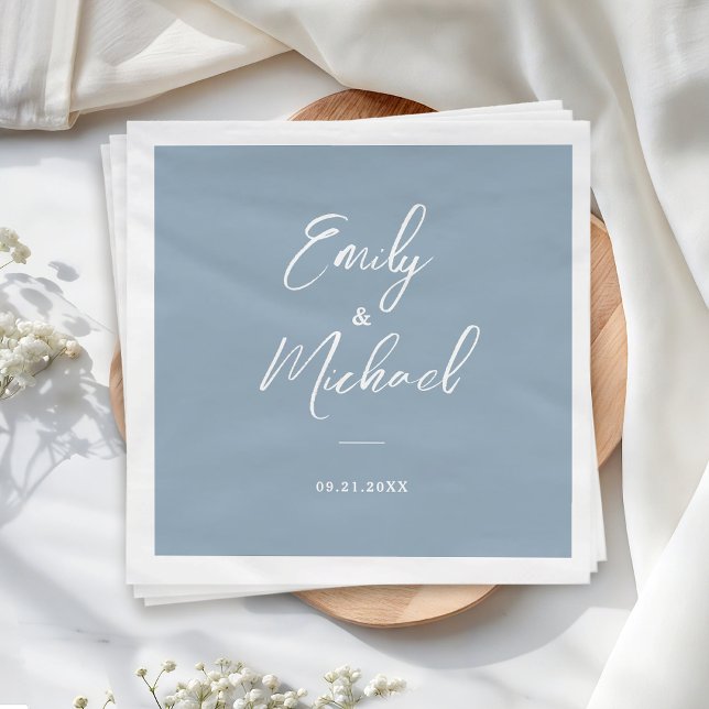 Elegant Dusty Blue Calligraphy Names Wedding Napkin (Elegant calligraphy script on a soft dusty blue background - the perfect touch for your special day)