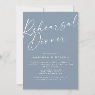 Elegant Dusty Blue Calligraphy Rehearsal Dinner Invitation