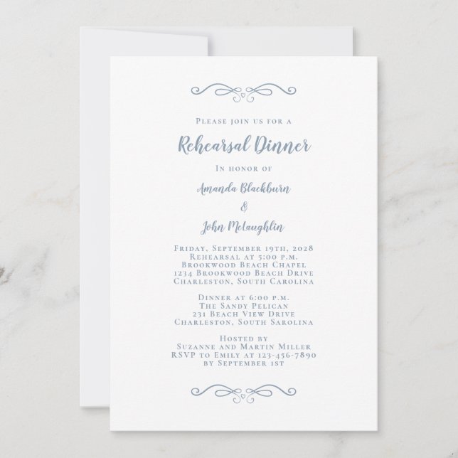 Elegant Dusty Blue Chic Wedding Rehearsal Dinner Invitation (Front)