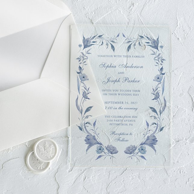 Elegant Dusty Blue Chinoiserie Wedding Acrylic Invitations (Creator Uploaded)