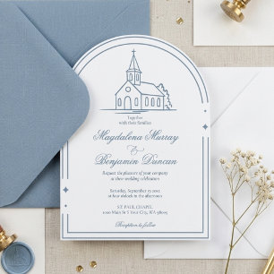 Elegant Dusty Blue Christian Chapel Church Wedding Invitation