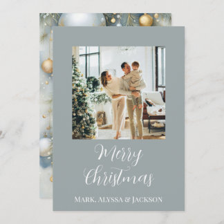 Elegant Dusty Blue Christmas Baubles Family Photo Holiday Card