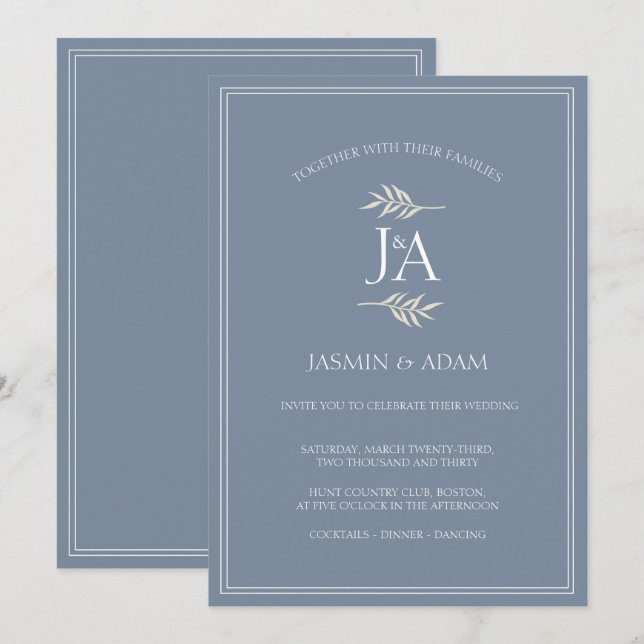Elegant Dusty Blue Classic Initials Wedding  Invitation (Front/Back)