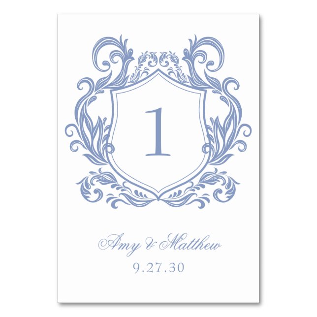 Elegant Dusty Blue Crest Wedding Table Number (Front)