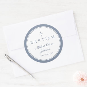Elegant Dusty Blue Cross Boy Baptism  Classic Round Sticker