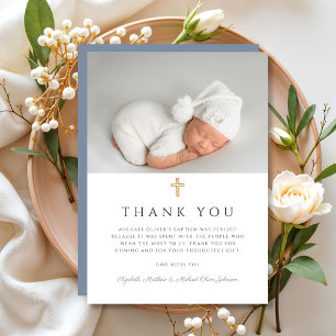 Elegant Dusty Blue Cross Boy Baptism Photo Thank You Card
