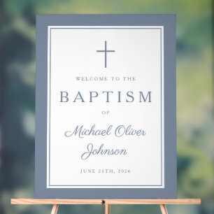 Elegant Dusty Blue Cross Boy Baptism Welcome Acrylic Sign