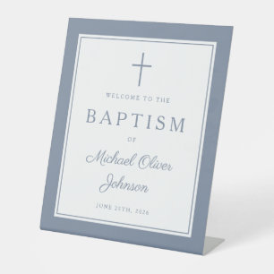 Elegant Dusty Blue Cross Boy Baptism Welcome Pedestal Sign