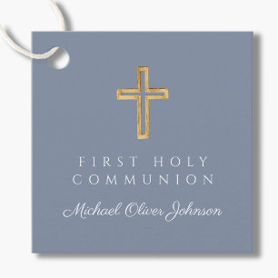 Elegant Dusty Blue Cross Boy First Communion Favour Tags