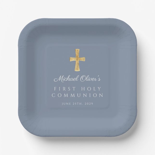 Elegant Dusty Blue Cross Boy First Communion Paper Plate (Front)