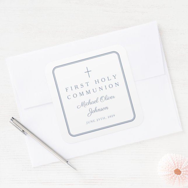 Elegant Dusty Blue Cross Boy First Communion  Square Sticker (Envelope)