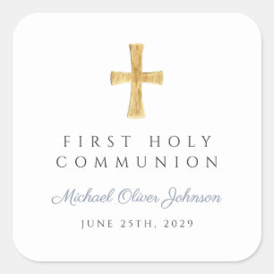 Elegant Dusty Blue Cross Boy First Communion  Square Sticker