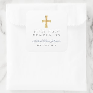 Elegant Dusty Blue Cross Boy First Communion  Square Sticker