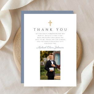 Elegant Dusty Blue Cross Boy First Communion Thank You Card
