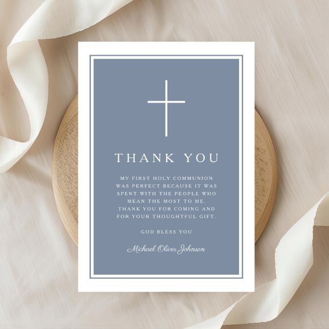 Elegant Dusty Blue Cross Boy First Communion Thank You Card (Elegant Dusty Blue Cross Boy First Communion Thank You Card)