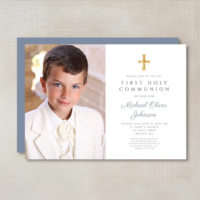 Elegant Dusty Blue Cross Photo Boy First Communion Invitation (Elegant Dusty Blue Cross Photo Boy First Communion Invitation)