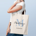 Elegant Dusty Blue Custom Wedding Bridesmaid Name Tote Bag<br><div class="desc">Elegant custom wedding tote bag features a personalized monogram typography design with modern calligraphy script name and serif monogram initial in dusty blue and black colours. Includes custom text for a bridal party title like "BRIDESMAID" or other preferred wording.</div>