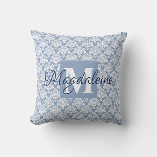 Elegant Dusty Blue Damask Monogram & Name Throw Pillow (Front)