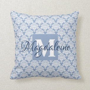 Elegant Dusty Blue Damask Monogram & Name Throw Pillow