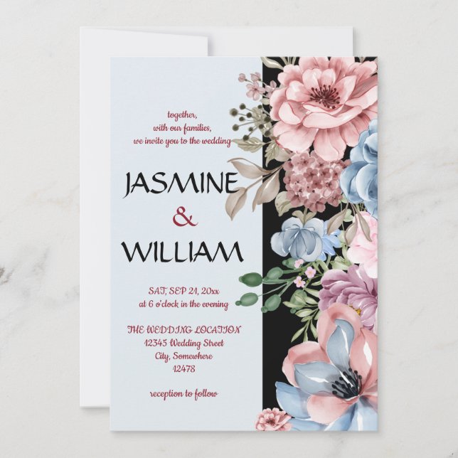 Elegant dusty blue dusty rose floral invitation (Front)