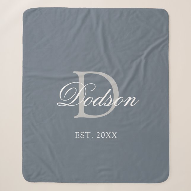 Elegant Dusty Blue Established Wedding Monogram Sherpa Blanket (Front)