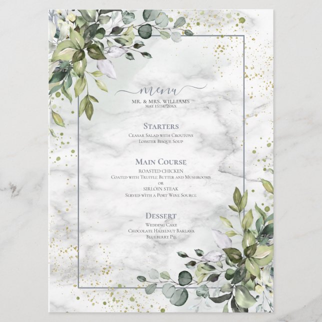 Elegant Dusty Blue Eucalyptus Greenery Marble Menu (Front)