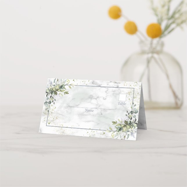 Elegant Dusty Blue Eucalyptus Greenery Marble Place Card (Front)