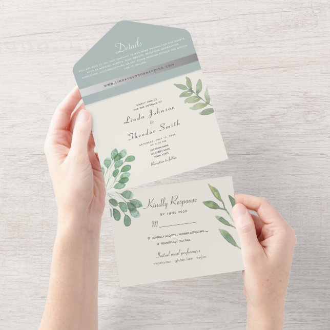 Elegant Dusty Blue Eucalyptus Greenery Wedding All In One Invitation (Tearaway)