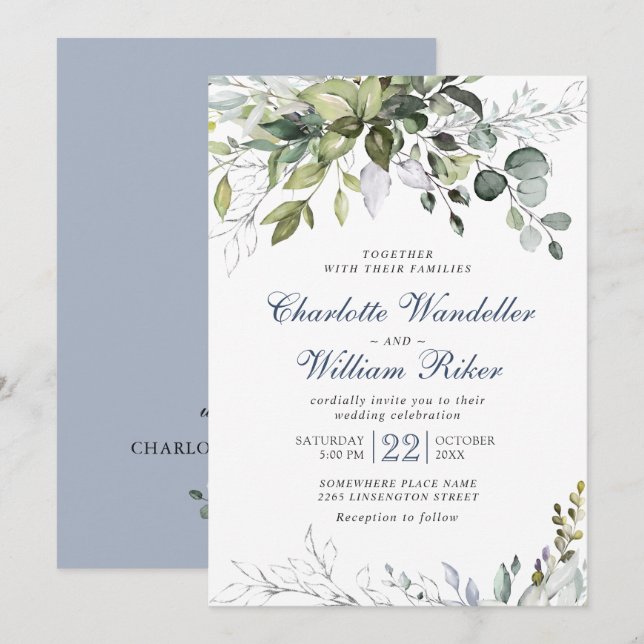 Elegant Dusty Blue Eucalyptus Greenery Wedding Invitation (Front/Back)
