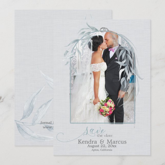 Elegant Dusty Blue Eucalyptus Silver Save the Date Invitation (Front/Back)