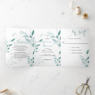 Elegant Dusty Blue Eucalyptus Teal Floral Tri-Fold Announcement