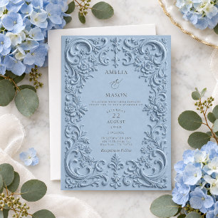 Elegant Dusty Blue Faux Embossed Baroque Wedding Invitation
