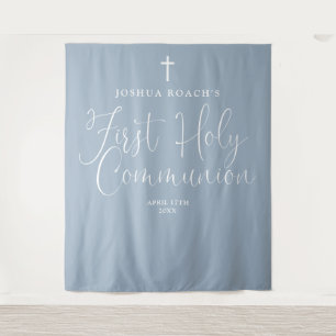 Elegant Dusty Blue First Holy Communion Backdrop Tapestry