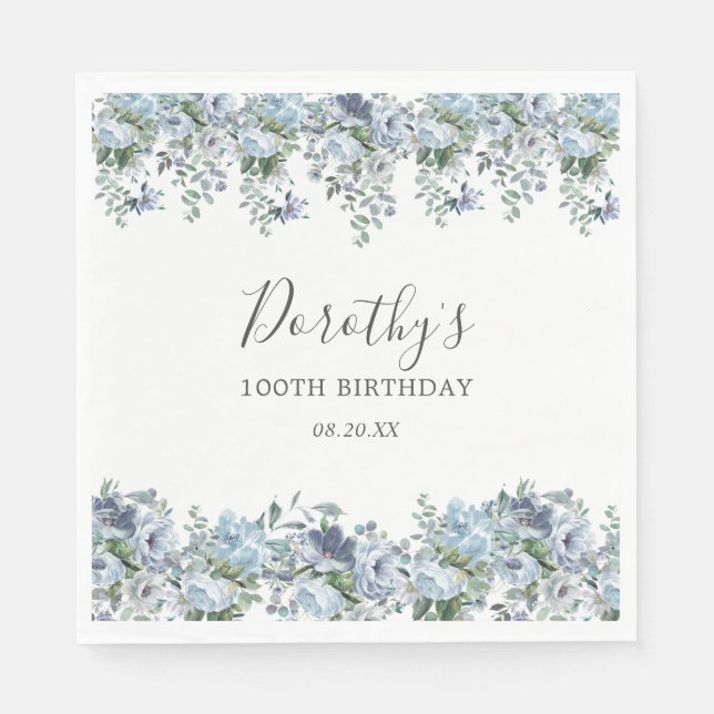 Elegant Dusty Blue Floral 100th Birthday Custom Napkin (Front)