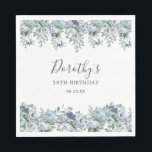 Elegant Dusty Blue Floral 18th Birthday Custom Napkin<br><div class="desc">Very pretty napkin for a birthday party. The two floral borders feature dusty blue peony and rose flowers nestled in blue eucalyptus leaves. The woman's name is written in an elegant script font. Two lines of text let you customize your birthday message.</div>
