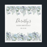 Elegant Dusty Blue Floral 18th Birthday Custom Napkin<br><div class="desc">Very pretty napkin for a birthday party. The two floral borders feature dusty blue peony and rose flowers nestled in blue eucalyptus leaves. The woman's name is written in an elegant script font. Two lines of text let you customize your birthday message.</div>