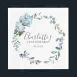 Elegant Dusty Blue Floral 21st Birthday Custom Napkin<br><div class="desc">Very pretty napkin for a 21st birthday party. A floral wreath features dusty blue peony and rose flowers nestled in blue eucalyptus leaves. The woman's name is written in a trendy script font. 21st Birthday and date follow. This 21st Birthday napkin is part of the 21st Birthday Dusty Blue Floral...</div>