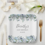 Elegant Dusty Blue Floral 21st Birthday Custom Paper Plate<br><div class="desc">Very pretty paper plate for a birthday party. The two floral borders feature dusty blue peony and rose flowers nestled in blue eucalyptus leaves. The woman's name is written in an elegant script font. Two lines of text let you customize your birthday message.</div>
