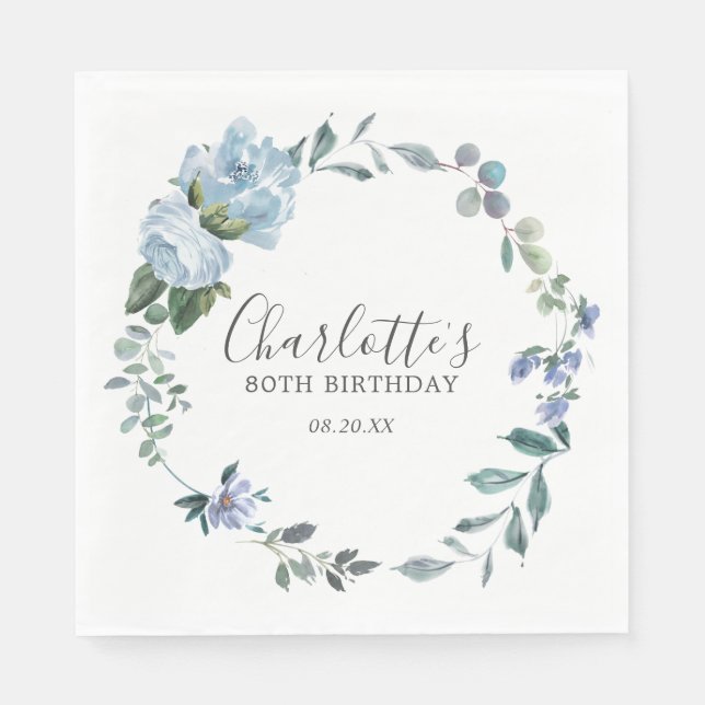 Elegant Dusty Blue Floral 80th Birthday Custom Napkin (Front)