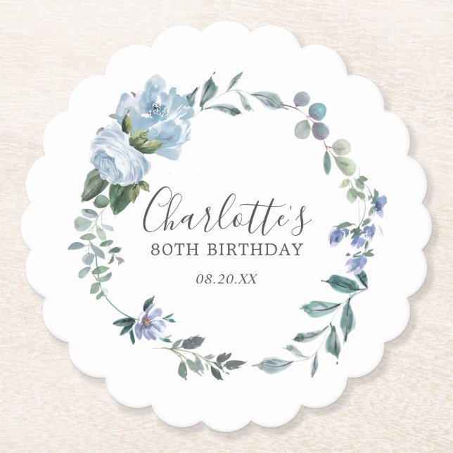 Elegant Dusty Blue Floral 80th Birthday Custom Paper Coaster (Front)