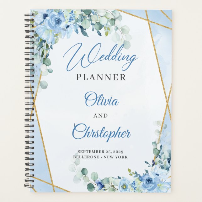 Elegant Dusty Blue Floral and Gold frame wedding Planner (Front)