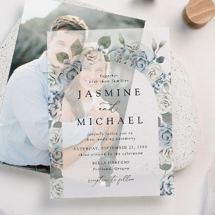 Elegant Dusty Blue Floral Arch Frame Wedding Vellum Invitations