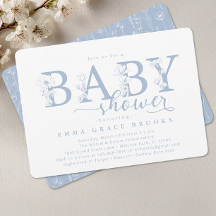 Elegant Dusty Blue Floral Baby Shower Typography Invitation