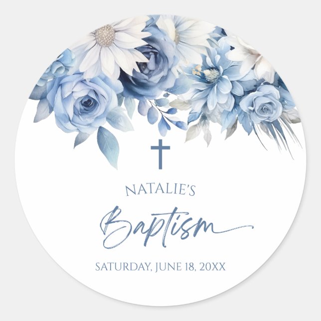 Elegant Dusty Blue Floral Baptism Classic Round Sticker (Front)